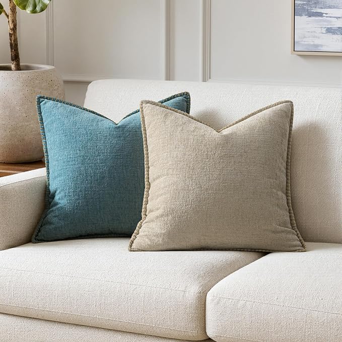 MIULEE Decorative Couch Throw Pillow Covers 18x18 Inch Light Taupe 2 Pack | Neutral Farmhouse Pillow Covers with Stitched Edge, Soft Chenille Cushion Cases, for Sofa Bed Living Room Home Decor