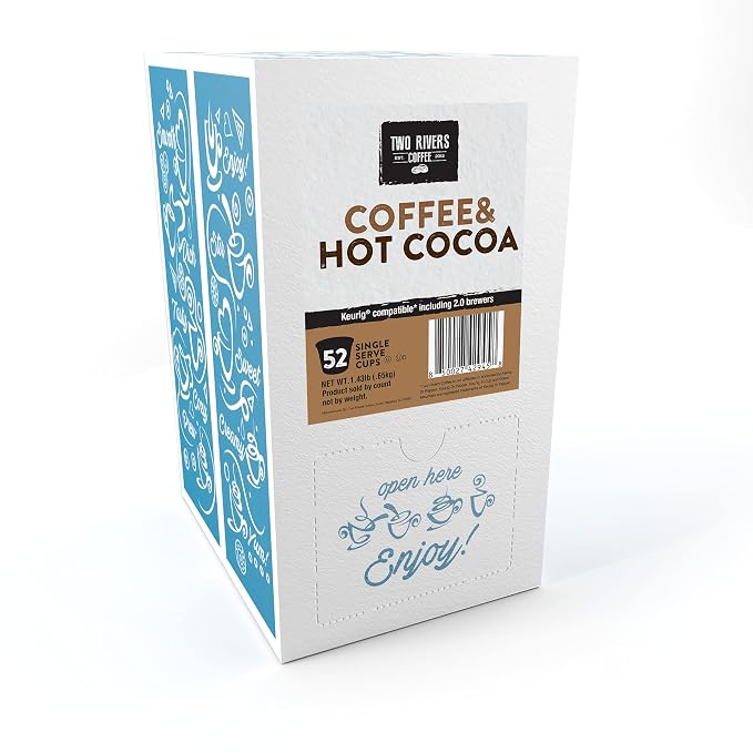 Two Rivers Coffee & Hot Chocolate Pods Sampler Compatible with K Cup Brewers Including 2.0, Single Serve Cocoa Variety Pack, 52 Count