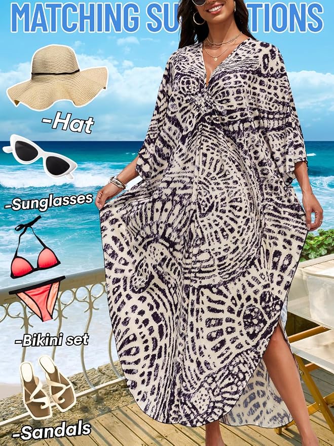 ChiaoLezhee Print Moo-Moos for Women, Kaftan Cover-Up Dresses, Sexy V-Neck High-Slit, Beach Pool-Party Coverups Muumuu Plus