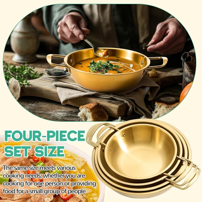 Patelai 4 Pack Korean Ramen Noodle Pots, Golden Stainless Steel Korean Cooking Pots with Double Handle, Fast Heating Pot for Soup, Noodles, Pasta, Kitchen & Outdoor Use, Sizes 7.1", 8.7", 9.5", 10.2"