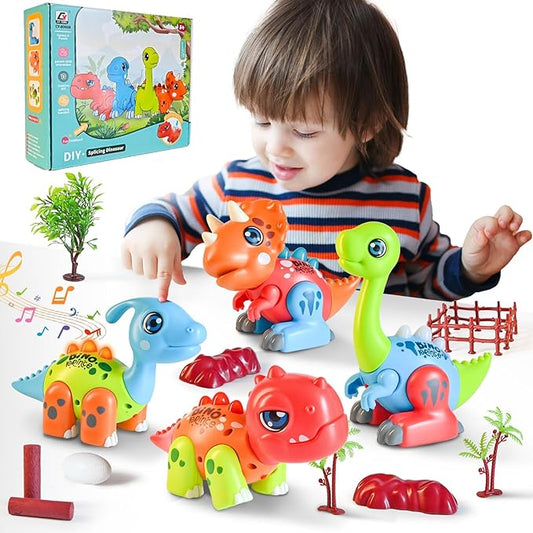 36 Pcs Interlocking Mix or Match Dinosaur Animals Toy Scenario Set, Musical Baby Toys and Light,Not Magnetic Animals for Kids 3 4 5 6