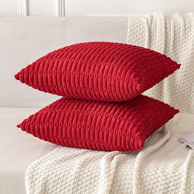 MIULEE Corduroy Decorative Throw Pillow Covers 16x16 Red Pack of 2 | Soft Boho Striped Pillow Covers Modern Farmhouse Home Decor For Sofa Living Room Couch Bed