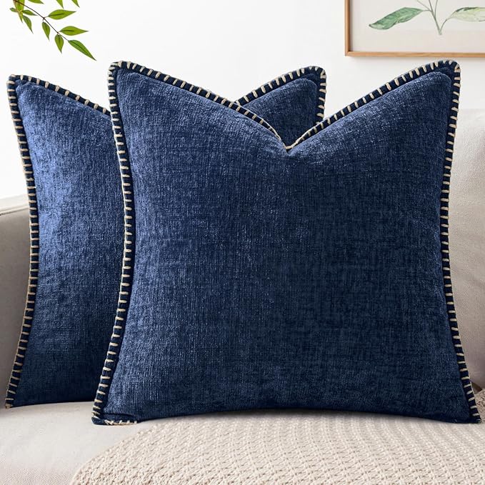 MIULEE Decorative Couch Throw Pillow Covers 20x20 Inch Navy 2 Pack | Farmhouse Pillow Covers with Stitched Edge, Soft Chenille Cushion Cases, for Sofa Bed Living Room Home Decor