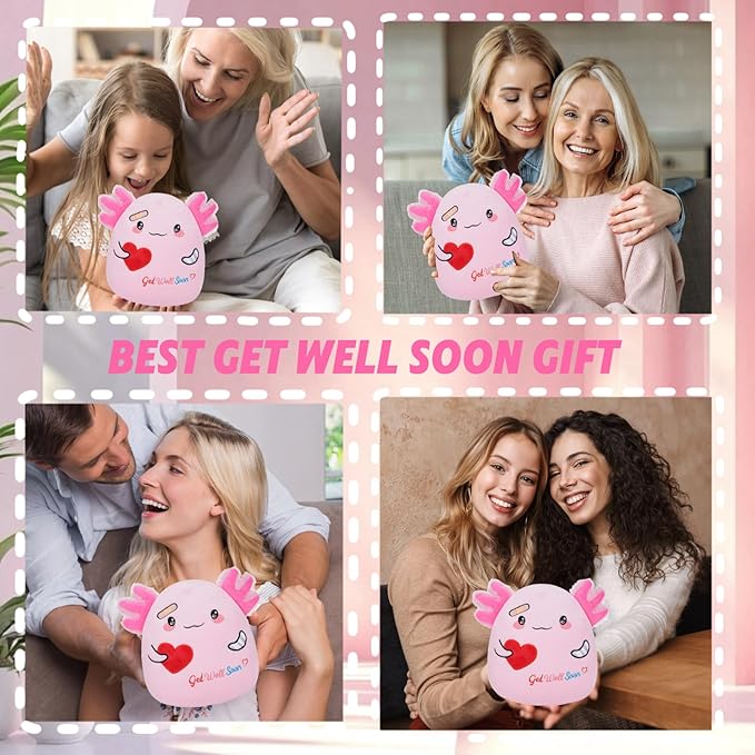 Get Well Pink Axolotl Plush - Mood Plush Toy for Kids, Soft Hospital Gifts for Kids Get Well Soon Stuffed Animal Pillow 9 Inch