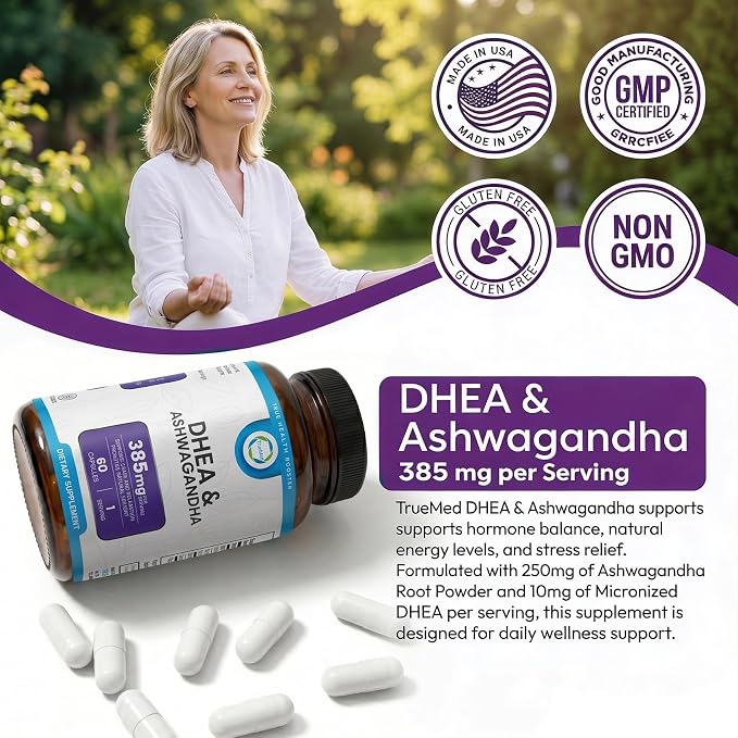DHEA & Ashwagandha Supplement 385mg – Ashwagandha 250mg, DHEA 10mg, Vitamin C & B6 – Supports Relaxation, Natural Energy & Balanced Mood – Made in USA, 60 Vegan Capsules