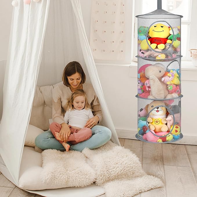 2Pcs Stuffed Animal Storage Foldable Stuffed Animal Net or Hammock Organizer, 3 Compartments Hanging Mesh Toy Storage Hammock for Kid Room Toys, Gloves, Hats, Socks（Grey）