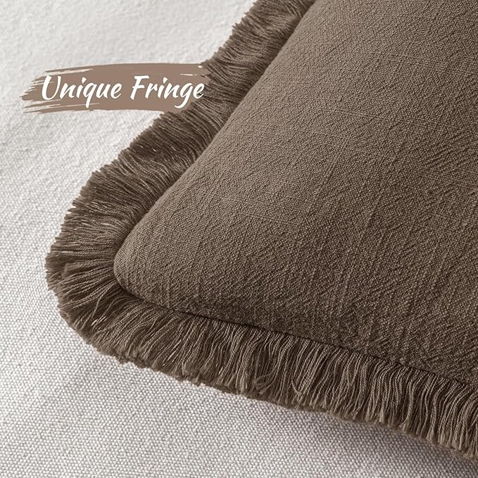 MIULEE Linen Fringe Decorative Euro Pillow Covers Chocolate Brown 22x22 | Set of 2, Cottagecore Decor, Boho Farmhouse Neutral Throw Pillow Covers, Rustic Fall Couch Cushions for Sofa Bed Living Room