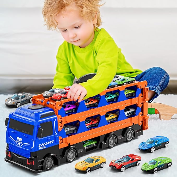 Transport Truck with 24pcs Die-Cast Cars Toys, Cars Toddler Toys Gifts for 2 3 4 5 6 7 Years Old Boys Girls