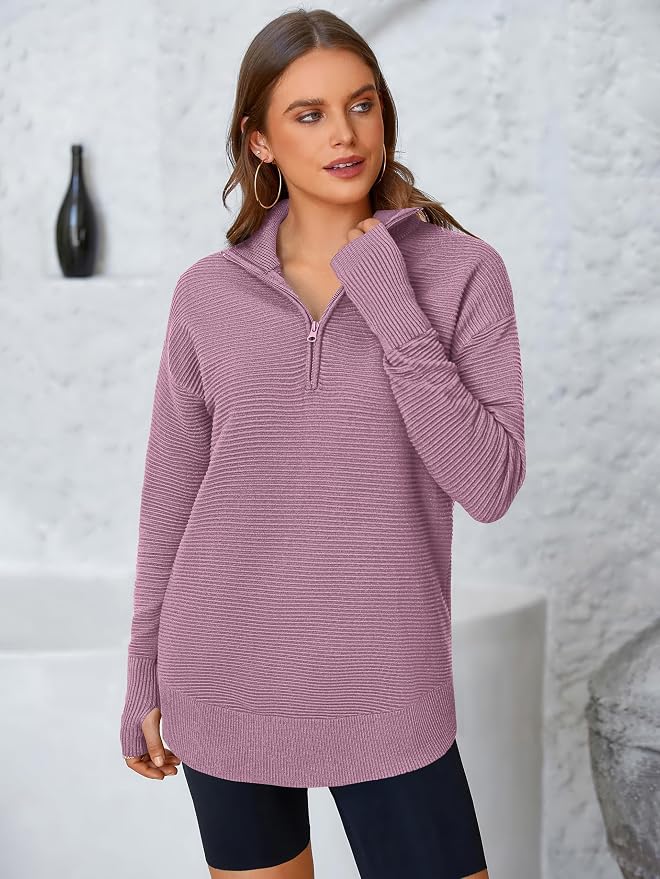 PRETTYGARDEN Womens Long Sleeve Quarter Zip Pullover Sweater Casual Loose V Neck Collared Ribbed Knit Jumper Tops Thumb Hole
