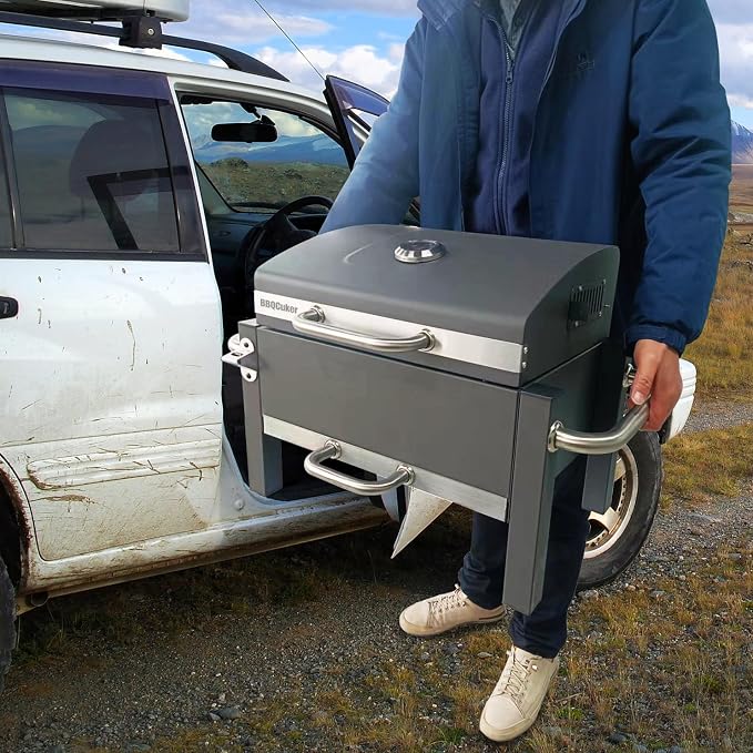 BBQCuker Portable Charcoal Grill with Warming Rack, Tabletop Charcoal Grill, Small BBQ Grill with Thermometer(100-800°F), Outdoor Charcoal Smoker for Camping, Picnic, Hiking, Beach and Travel
