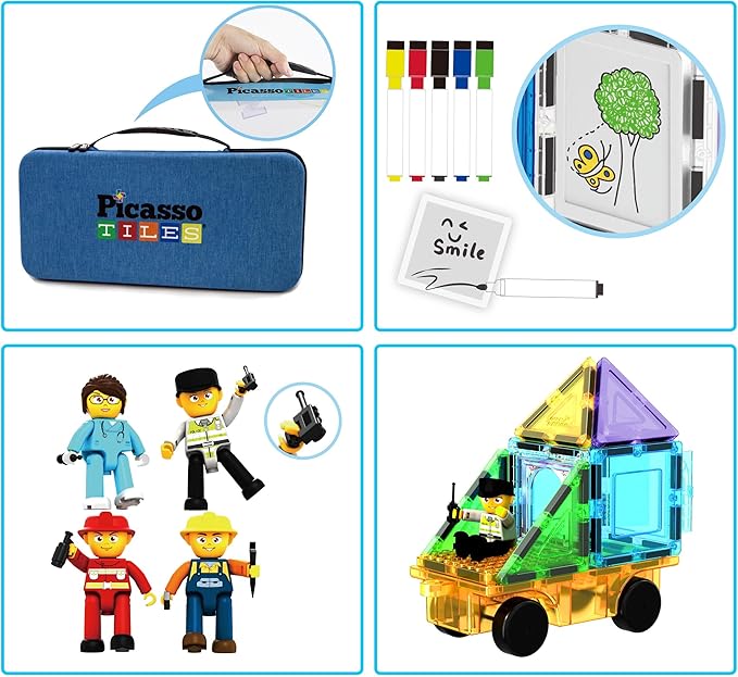 PicassoTiles 100pc Magnet Tile Construction Building Block Set with Carry Case Car Base Magnetic 8pc Characters Whiteboard Markers Idea Book Magnetized Toy Kit Playset Kids STEM Learning Age 3+ PB01