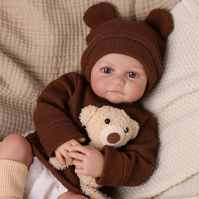BABESIDE 17 Inch Reborn Baby Dolls, Lifelike Newborn Doll with Soft Cloth Body, Handmade Baby Doll with Bear Hat & Toy, Set Includes Bottle, Magnetic Pacifier, Clothes, Gift for Kids Age 3+
