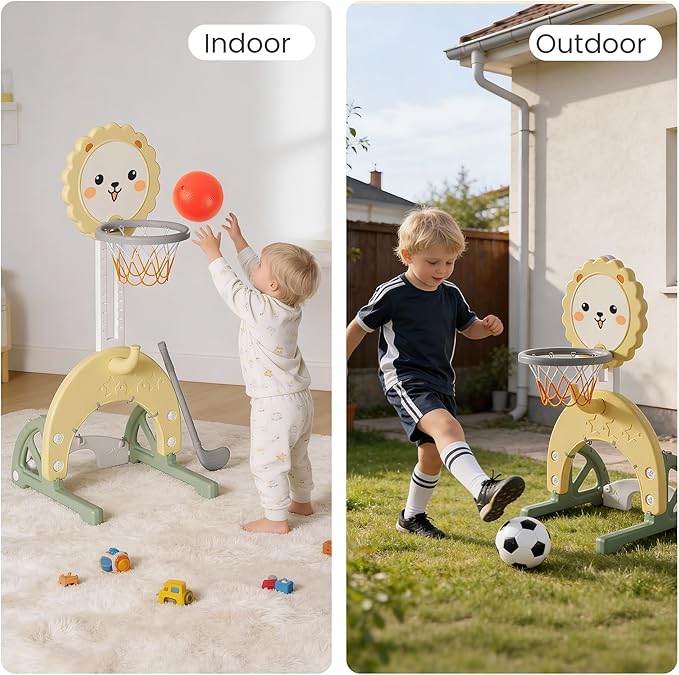 4-in-1 Toddler Basketball Hoop Indoor Adjustable Height Outdoor Sports Center for Kids Aged 1-3 Basketball, Soccer, Hockey & Ring Toss, Yellow and Green