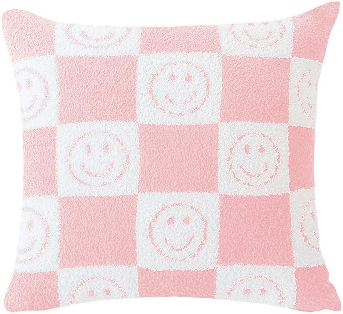 Ultra Soft Cozy Happy Smiling Face Checkered Knitted Throw Pillow Cover Fluffy Microfiber pillocase Decorative for Sofa Bed 18 Inches Both Sides (Pink)