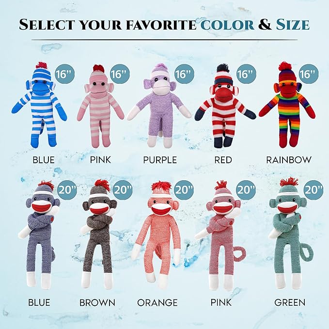 Adorable Sock Monkey, The Original Traditional Hand Knitted Stuffed Animal Toy Gift-for Kids, Babies, Teens, Girls and Boys Baby Doll Present Puppet (16" Purple)