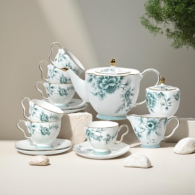 ACMLIFE Tea Set for Adults, Blue and White Bone China Porcelain Tea Set for 6, Vintage Floral Tea Cup Set With Teapot, Tea Party Sets for Women Gift, Mother's Day (Blue-Leaf)
