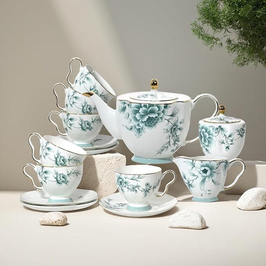 ACMLIFE Tea Set for Adults, Blue and White Bone China Porcelain Tea Set for 6, Vintage Floral Tea Cup Set With Teapot, Tea Party Sets for Women Gift, Mother's Day (Blue-Leaf)