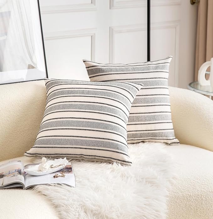 Cethom Decorative Boho Throw Pillow Covers, Farmhouse Textured Pillow Case, 18 x 18 Inch Set of 2, Chair Sofa Bedroom Living Room Home Decor Couch Cushion Case, Black and Beige Striped