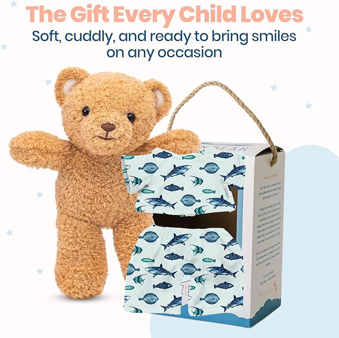 Zip N' Bear Soft Plush Teddy Bear Stuffed Animal with Fin Frenzy Pajamas - Zippy The Bear Cute Cuddly Plush Toy, Perfect Sensory Teddy for Kids, Toddlers - Adorable Gift & Bedtime Companion