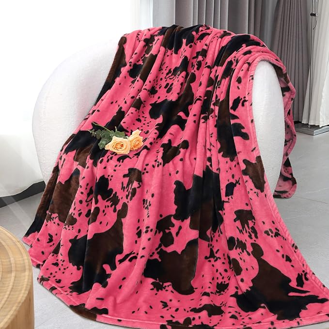 Cute Strawberry Cow Print Blanket Small Soft Warm Pink Blankets Pink Stuff Decor Gifts for Girls Kids Teen Women