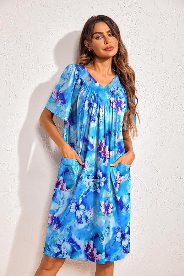 Ekouaer Womens House Dress Floral Print Nightgown with Pockets Mumu Dress