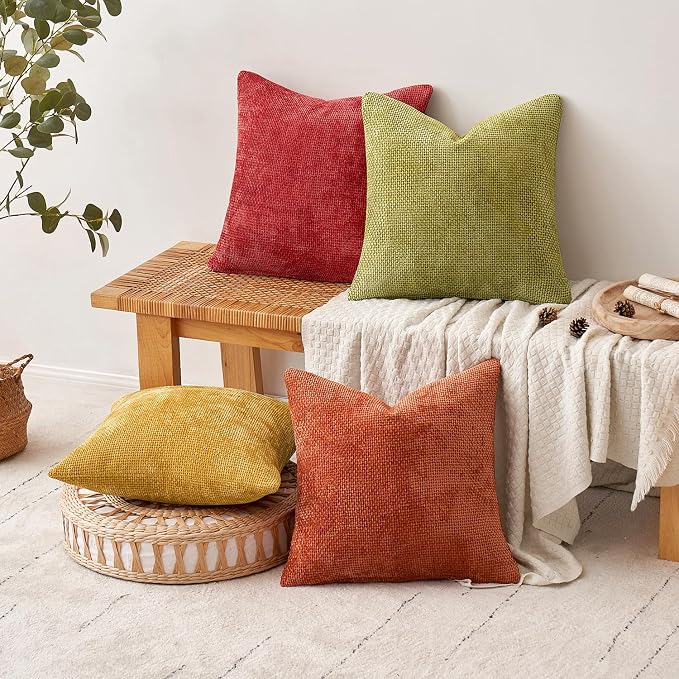 MIULEE Soft Decorative Chenille Fall Pillow Covers Rust Yellow Green 18x18 | Pack of 4, Rustic Decor, Autumn Harvest Set, Couch Throw Pillows, Farmhouse Boho Cushion Covers for Sofa Bed Living Room