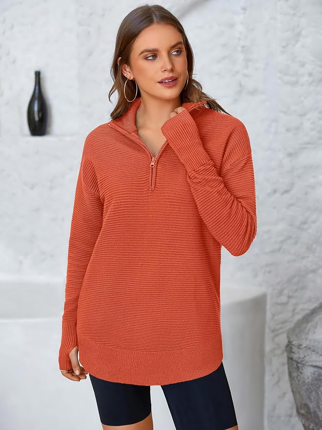 PRETTYGARDEN Womens Long Sleeve Quarter Zip Pullover Sweater Casual Loose V Neck Collared Ribbed Knit Jumper Tops Thumb Hole