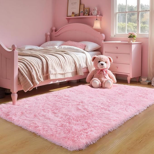 3x5 Pink Fluffy Shag Rug for Girls Bedroom, Plush Washable Carpet | Area Rug for Living Room, Kids Nursery, Dorm Room, Machine Washable Shaggy Floor Carpet