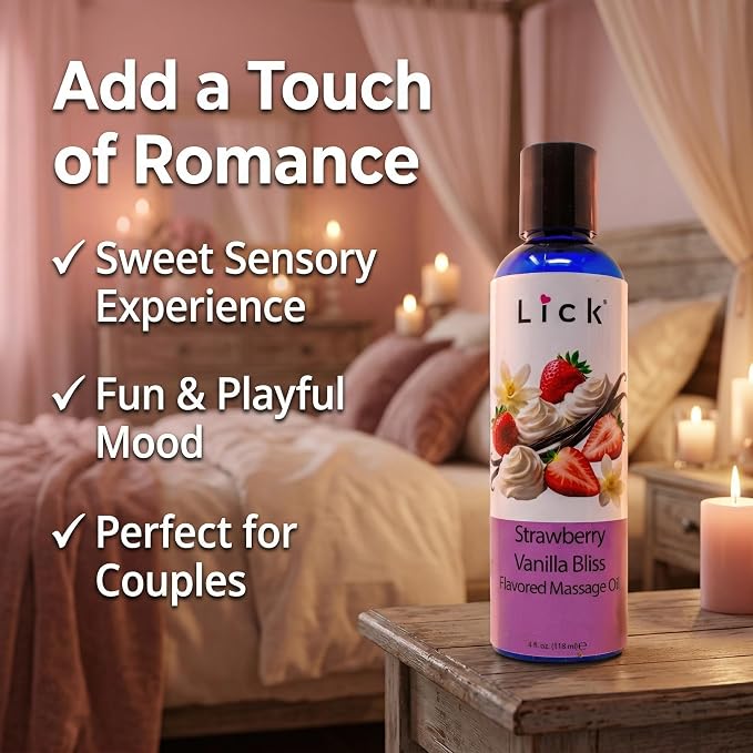 Lick Strawberry Vanilla Bliss Flavored Massage Oil – Sweet Tropical Edible Massage Oil with Vitamin E, Smooth Body-Safe Glide for Couples Massage & Sensory Date Nights, 4 oz