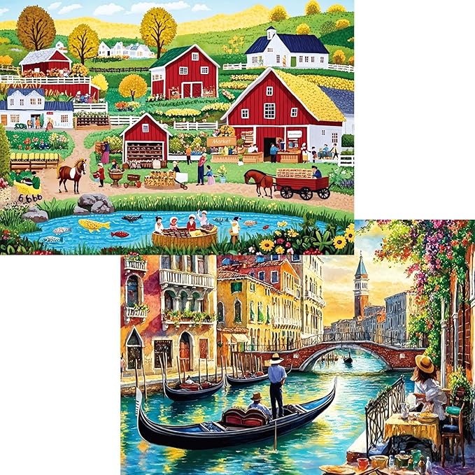 1000 Piece Puzzle for Adults, 2 Pack River and Farm Landscape Puzzles, City and Countryside Theme, Challenging Jigsaw Puzzles for Family Game Night, Ideal for Decor