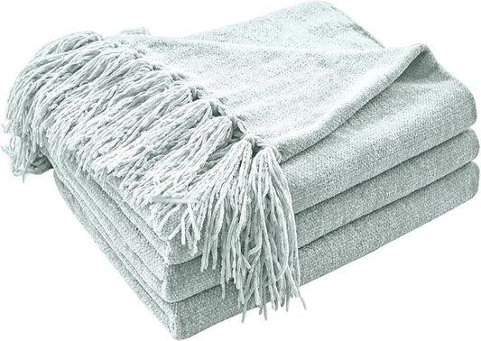 CozeCube Chenille Throw Blanket, Baby Blue Fringe Blanket, 60"X80" | For Couch, Cozy Plush Fuzzy Decorative Blanket with Fringe Tassels, Lightweight Throws for Bed Sofa Gift Home Decor