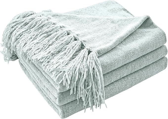 CozeCube Chenille Throw Blanket, Baby Blue Fringe Blanket, 50"X60" | For Couch, Cozy Plush Fuzzy Decorative Blanket with Fringe Tassels, Lightweight Throws for Bed Sofa Gift Home Decor