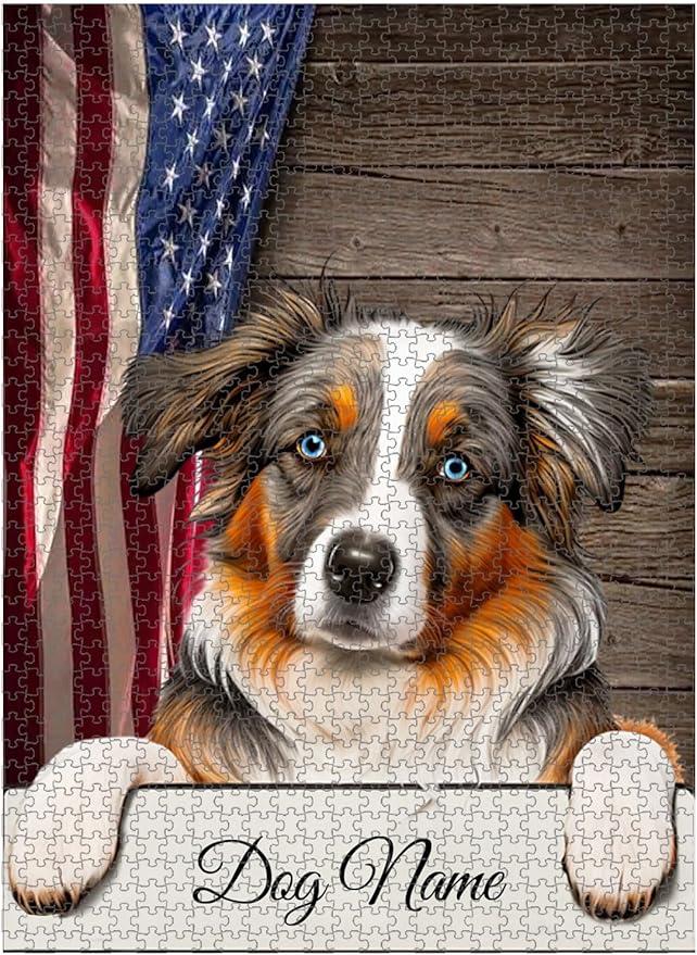 Custom Wooden Jigsaw Puzzles with Your Dog's Name on Australian Shepherd Art Print - 300 500 1000PCS Puzzles Game and Home Wall Decor