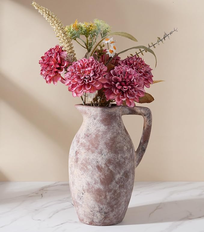 Ceramic Flower Vase with Handle, 9.65 inch Tall Ceramic Vase Home Decor Farmhouse Vases Terracotta Table Vases for Living Room Bathroom Modern Coffee Table Centerpieces Bookshelf Kitchen Fireplace