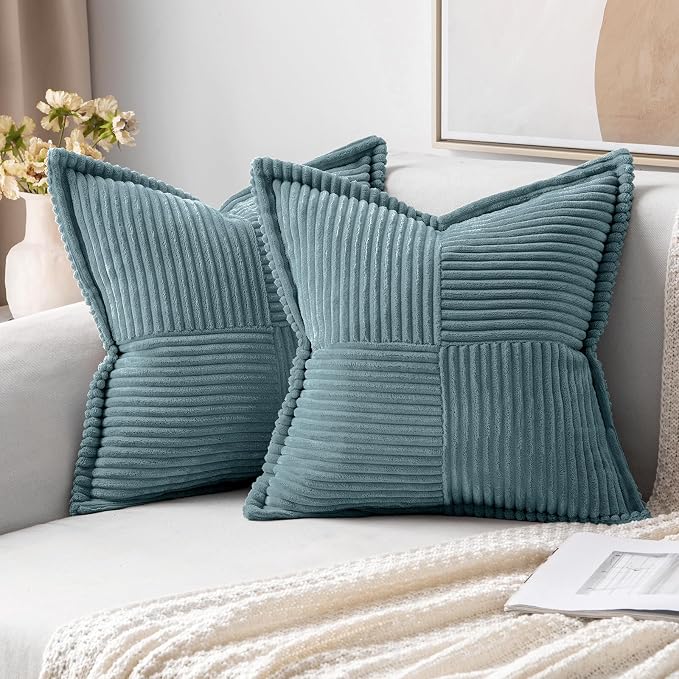 MIULEE Decorative Throw Pillow Covers for Couch 20x20 Inch Dusty Blue | 2 Pack, Boho Broadside Striped Patchwork Pillow Covers, Soft Corduroy Cushion Cases, For Sofa Bed Livingroom Home Decor