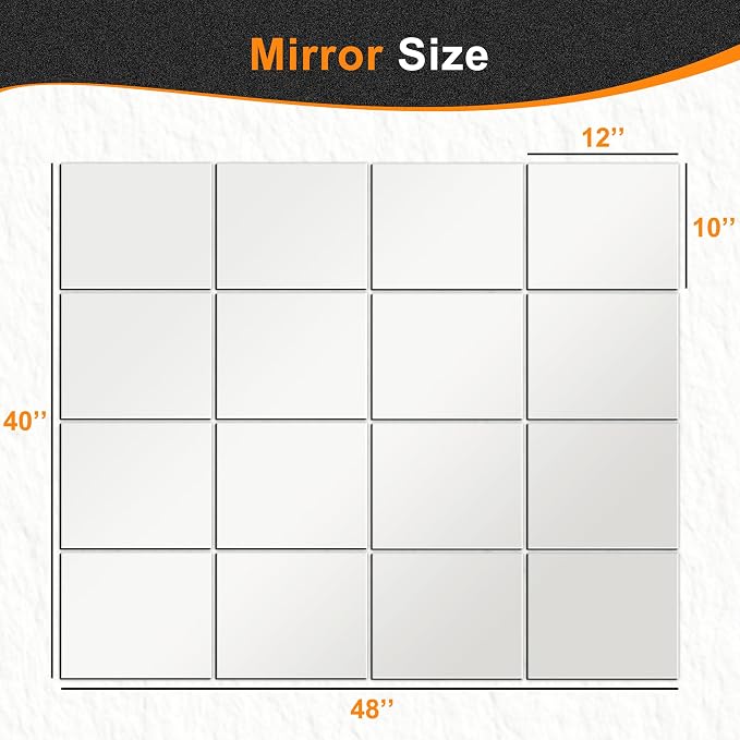 Delma Frameless Mirror Tiles 12"x10"x16 Pcs Wall Mounted | Shatter Resistant, Full Length, Tempered Glass Panels, For Home Gym Bathroom Bedroom & Living Room Decor