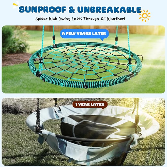 Trekassy 750lbs 40“ Spider Web Saucer Tree Swing for Kids Adults, Outdoor Net Swing with Steel Frame and 2 Hanging Straps-Green+Black (Patented)