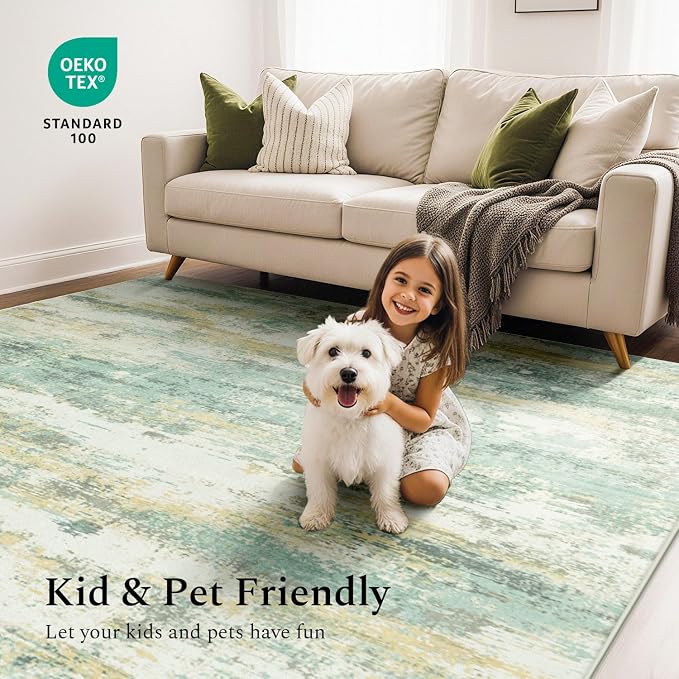 Rugflix 8x10 Area Rugs for Living Room, Washable Light Green Large Rug | Machine Washable; Stain-Resistant; Low Pile; Non-Slip; Modern Abstract; Carpet for Bedroom Dining Office Nursery Home