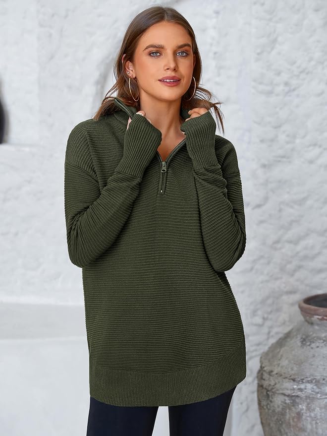 PRETTYGARDEN Womens Long Sleeve Quarter Zip Pullover Sweater Casual Loose V Neck Collared Ribbed Knit Jumper Tops Thumb Hole