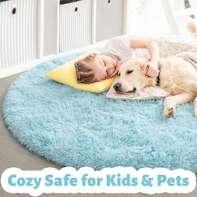 Amdrebio Light Blue Round Area Rug 4Ft for Kids Bedroom, Soft Fluffy Circle Rugs for Teen Boys Girls, Cute Decor Aesthetic, Plush Shaggy Fuzzy Baby Sky Blue Carpet for Nursery Classroom Preppy Dorm