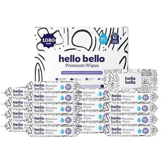 Hello Bello Premium Wipes, Designed for Sensitive Skin with Chamomile & Aloe Extracts, Playful Sketches (18 Resealable Packets = 1080 Total Wipes)