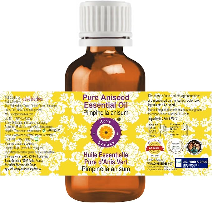 Deve Herbes Pure Aniseed Essential Oil (Pimpinella anisum) Steam Distilled (Pack of Three) 100ml X 3 (10 oz)