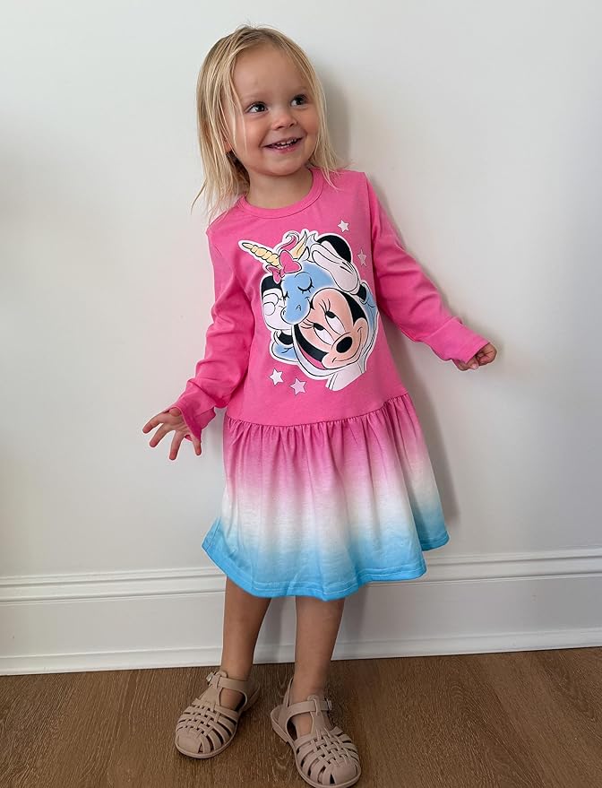Disney Frozen Elsa Stitch Princess Minnie Mouse Toddler Girl Dresses 2 Pack Ruffle Long Sleeve Dress Set (3 Months - 6 Years)