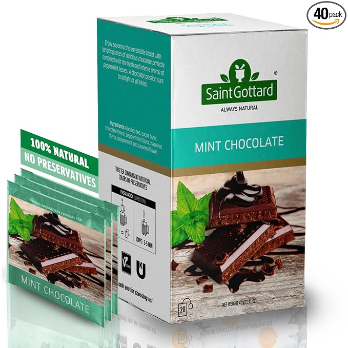 [Mint Chocolate] Saint Gottard Herbal Tea – Caffeine-Free Herbal Infusion, Natural Ingredients, Hot or Iced Tea, Organic Premium Flavor Blend, Aromatic & Smooth Taste, 40 tea bags