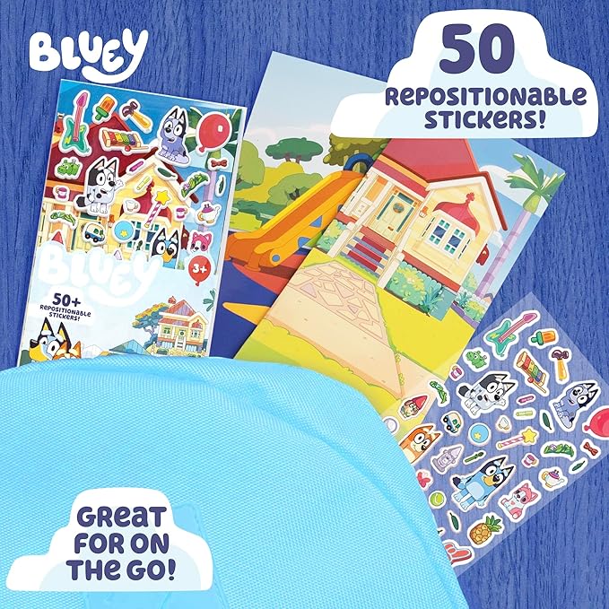Bluey Mini Sticker Playset, 6-Pack, 45 Reusable Puffy Stickers, Double-Sided Play Scenes, Repositionable, Travel Toy for Kids & Toddlers, Blue