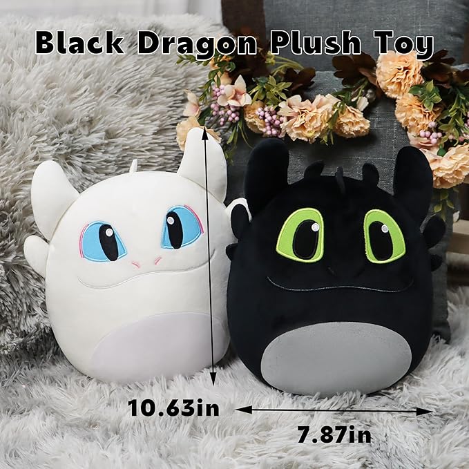 Black Dragon Plush, 8-Inch Soft Stuffed Animal Toy, Round Kawaii Plushie, Fantasy Creature Gift for Kids & Fans (White Black)