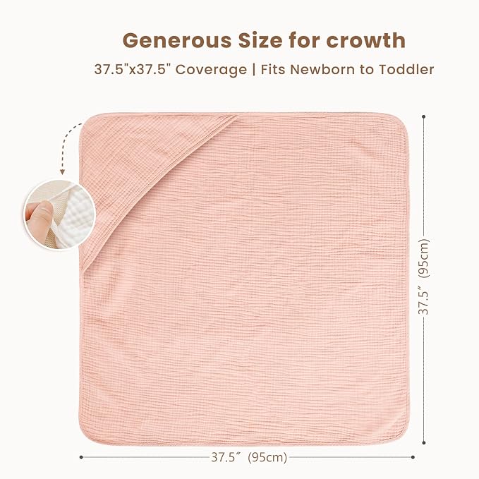 Konssy 2-Pack Muslin Hooded Baby Towels, 100% Cotton, Ultra-Soft & Absorbent Baby Bath Towels with Hood for Newborn & Infant (Pink, Floral,37.5" x 37.5")
