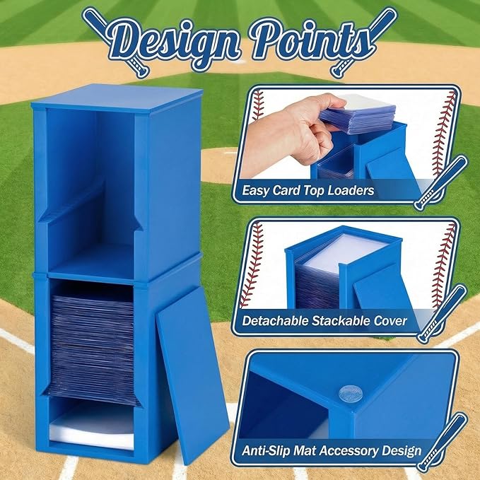 Toploader Dispenser & Penny Sleeve Holder - Dual Compartment Holds 250 Penny Sleeves & up to 50 Top Loaders, Stackable Card Storage Box with Dustproof Lid (Blue)