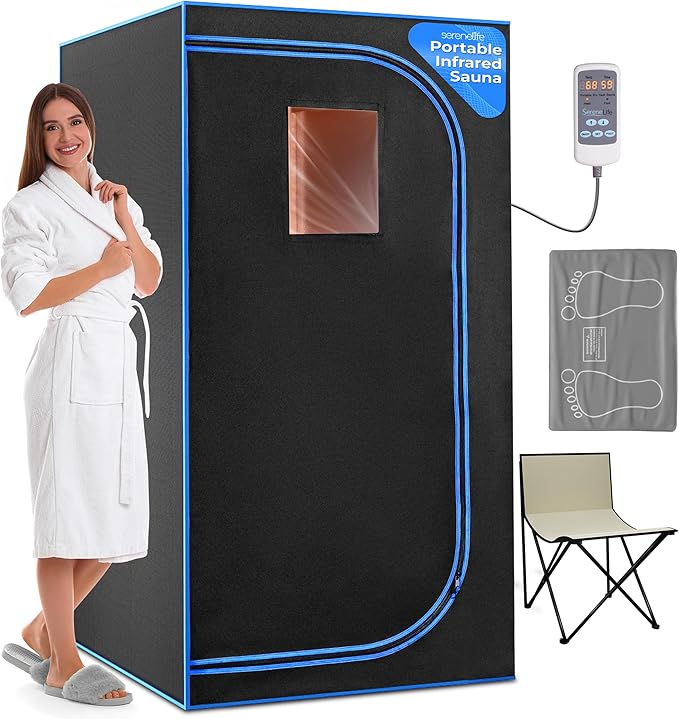SereneLife Portable Sauna for Home, Infrared Sauna Tent with Heated Foot Pad and Folding Chair, Compact Personal Rejuvenation Sauna, Remote Control in-Home Spa, 35" x 71" - inch (Black)