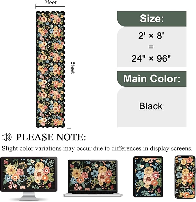 DUKINO 2x8 Washable Runner Rug, Floral Non Slip Kitchen Runner Rug, Black | Low Pile, Soft Throw Rug Runner for Hallway, Entryway, Bedroom, Bathroom, Pet Friendly, Stain Resistant, Home Decor